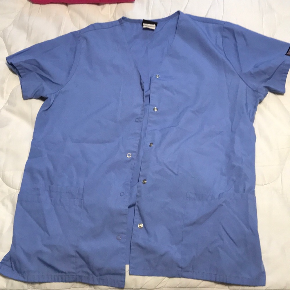 Blue Button down scrub top.